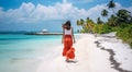 young girl on the beach, pretty girl walking on the beach, young woman running on the beach, backside view