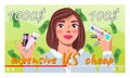 Young girl beauty blogger character showing difference between expensive and cheep cosmetics