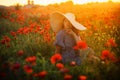 Young girl in a big hat sitting on a poppy field in sunset Royalty Free Stock Photo