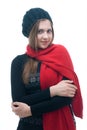 Young girl in black dress, beret and scarf Royalty Free Stock Photo