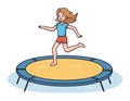 Young girl with blond hair joyfully jumping on a trampoline, wearing casual clothes. Active child, fun playtime, and Royalty Free Stock Photo