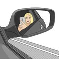 A young girl, a blonde is making a selfie photo in the mirror of a side view of a car. Raster On a white background Royalty Free Stock Photo