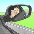 A young girl, a blonde is making a selfie photo in the mirror of a side view of a car. Vector Royalty Free Stock Photo