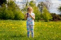 Young girl blowing dandelion on meadow, summer day, blurred background Royalty Free Stock Photo