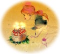 Young girl blowing out candles on a birthday cake