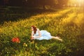 Young girl in a blue dress gently in the magical forest with a basket of apples Royalty Free Stock Photo