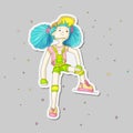 Young girl with blue hair in baseball cap and overalls, vector cartoon hand draw illustration. Teenage young girl in