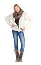 Young girl with blue jeans, winter jacket and boots standing posing Royalty Free Stock Photo