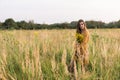 Girl with nosegay in field Royalty Free Stock Photo