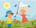 Young girl and boy catching butterflies Royalty Free Stock Photo