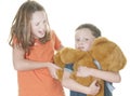 Young girl and boy fighting over bear