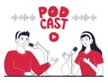 Young girl and boy record a podcast, online radio show. People with headphones are talking into microphone. The concept