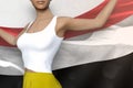 Young girl in bright skirt holds Yemen flag in hands behind her back on the white background - flag concept 3d illustration