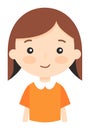 Young girl with brown hair in orange shirt, neutral expression. Child character design, simple kids illustration vector
