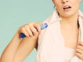 Young girl brushing oral cavity. Royalty Free Stock Photo