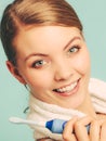 Young girl brushing oral cavity. Royalty Free Stock Photo