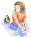 Young girl with bunny - watercolor Royalty Free Stock Photo