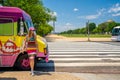 Young girl buying ice cream in an ice cream truck near Washington monument on sunny day with blue sky background