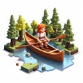 Isometric Pixel Art: Red-haired Girl Rowing A Boat Through The Woods