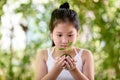 Young girl carry a young seedling