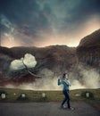 Young girl carrying a cloud tied rope Royalty Free Stock Photo