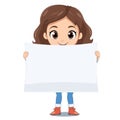 Young girl cartoon character holding blank banner smiling. Female child vector illustration