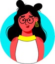 young girl cartoon flat character. beautiful shy and funny smiling woman with the glasses. University student with curly black Royalty Free Stock Photo