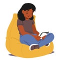 Young Girl Character Engrossed In A Book Sitting on Bean Bag, Her Eyes Wide With Wonder As She Explores Imaginary Worlds