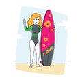 Young Girl Character with Surf Board in Hands Stand on Sandy Beach Show Victory Gesture on Summer Resort