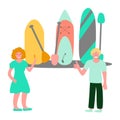 Young girl choose paddle board for herself, boy likes her choice, flat vector illustration Royalty Free Stock Photo