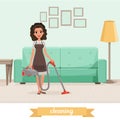 Young girl cleaning floor with vacuum cleaner at living room. Sofa, lamp, table and pictures on wall. Maid service