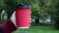 A young girl in a coat holds morning coffee with her while walking in the park. Hand holding paper cup of coffee in green park. Royalty Free Stock Photo