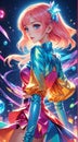 Young girl with colorful dress and light hair at party Trendy phone canvas background wallpaper - Ai illustration