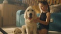 Young girl combing dog Royalty Free Stock Photo