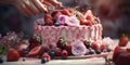 A young girl confectioner makes a fruit cake. Pink cake close up. Generative AI