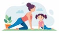 A young girl confidently demonstrating a downward dog pose while her mother proudly looks on beside her.. Vector