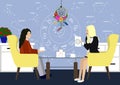 Young girl in consultation with an astrologer. Two girls talk in the astrologer office. Astrology style designed room