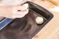 Young girl cooking at kitchen. Curly pretty child portrait. Chef student Royalty Free Stock Photo