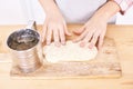 Young girl cooking at kitchen. Curly pretty child portrait. Chef student