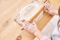 Young girl cooking at kitchen. Curly pretty child portrait. Chef student