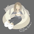 Young girl with cup of coffee and cat. Cartoon illustration Royalty Free Stock Photo