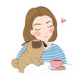 Young girl and a cute pug. beautiful woman and cute puppy