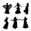 Young girl dancing belly dance. Silhouette of girl dancing Arabic dance. Set of silhouettes. Vector illustration Royalty Free Stock Photo