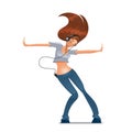 Young girl dancing and listening to music with headphones. Vector dancer isolated