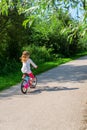 cute little girl riding a bicycle in the countryside in spring