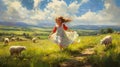 Vibrant Vray Painting: Girl With Running Sheep In A Lovely Field
