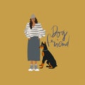 Young girl with Doberman terrier dog on a leash. Freehand drawing text: dog friend