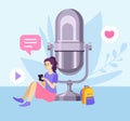 Young girl doing live streaming. Video blogging concept. Social media network blogger. The girl leads a podcast