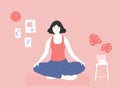 Young girl doing meditation sitting in crossed legs pose on floor in cozy pink room. Mindfulness practice at home for