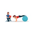 Young girl doing plank exercise using fitness ball. Woman training in gym under control of personal trainer. Flat vector Royalty Free Stock Photo